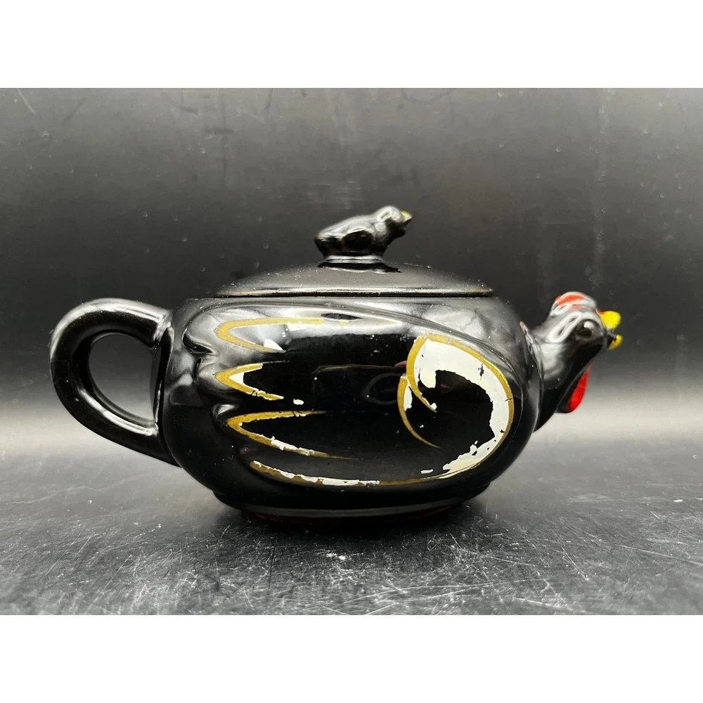 Vtg 1950s Redware‎ Black Chicken Hen Creamer Small Teapot Rooster Kitchen As Is